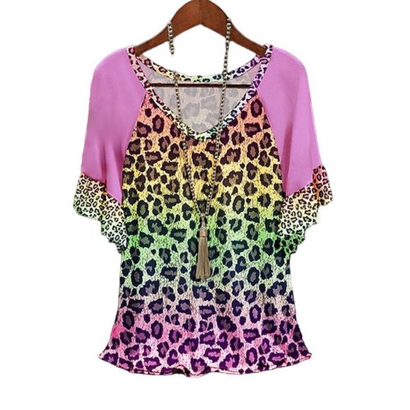 CELLABIE Tops - CELLABIE Pink & Yellow Leopard Ruffle Sleeve V Neck Tee Size L